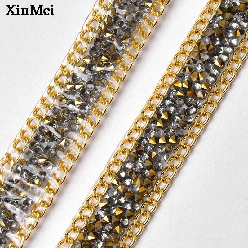 1 Yard Gold Grey Silver 1.7cm Glitter Glass Rhinestone Trim Iron on Strass Tape Crystal Chain Mesh Banding Garment Accessories