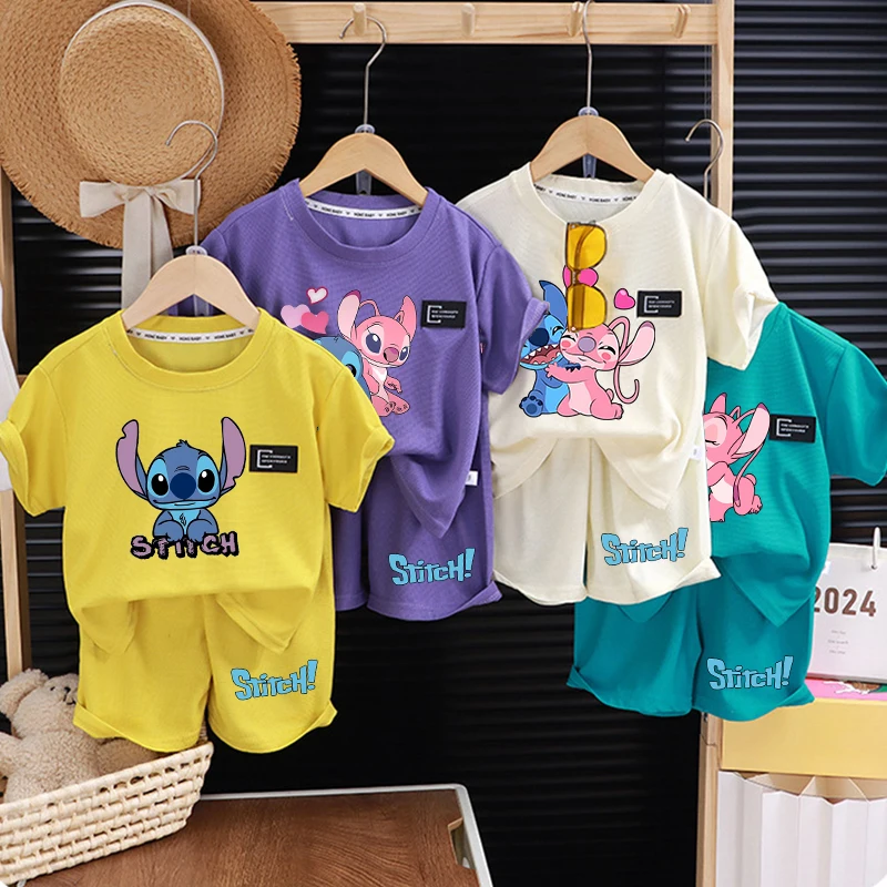 Disney-Conjunto de camiseta de Lilo & stitch para niño y niña, Tops de cuello redondo, disfraz de pantalones, ropa de manga corta