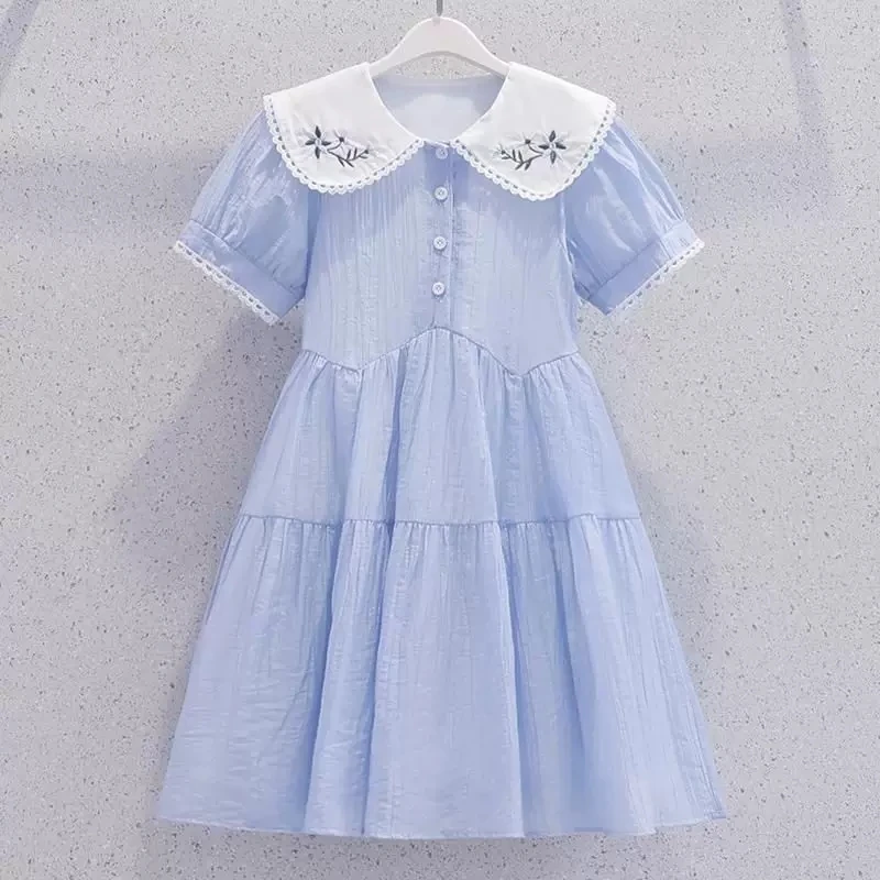 Vestido Infantil Azul Claro com Manga Bufante e Gola Peter Pan Bordada, Vestido Casual de Verão em A para Meninas de 4 a 12 Anos 2026