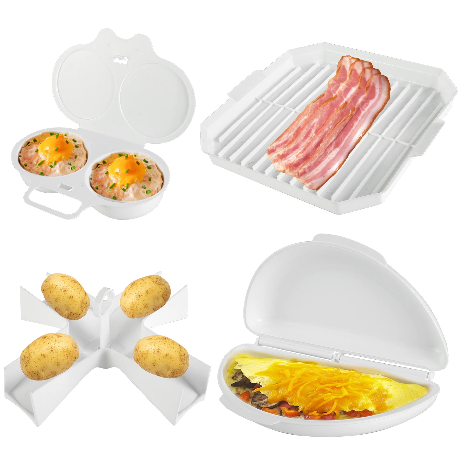 Juego de cocina para microondas, plato para hornear tocino resistente al calor, vaporizador de huevos, caja para huevos fritos, estante para patatas, utensilios de cocina, 4 Uds.