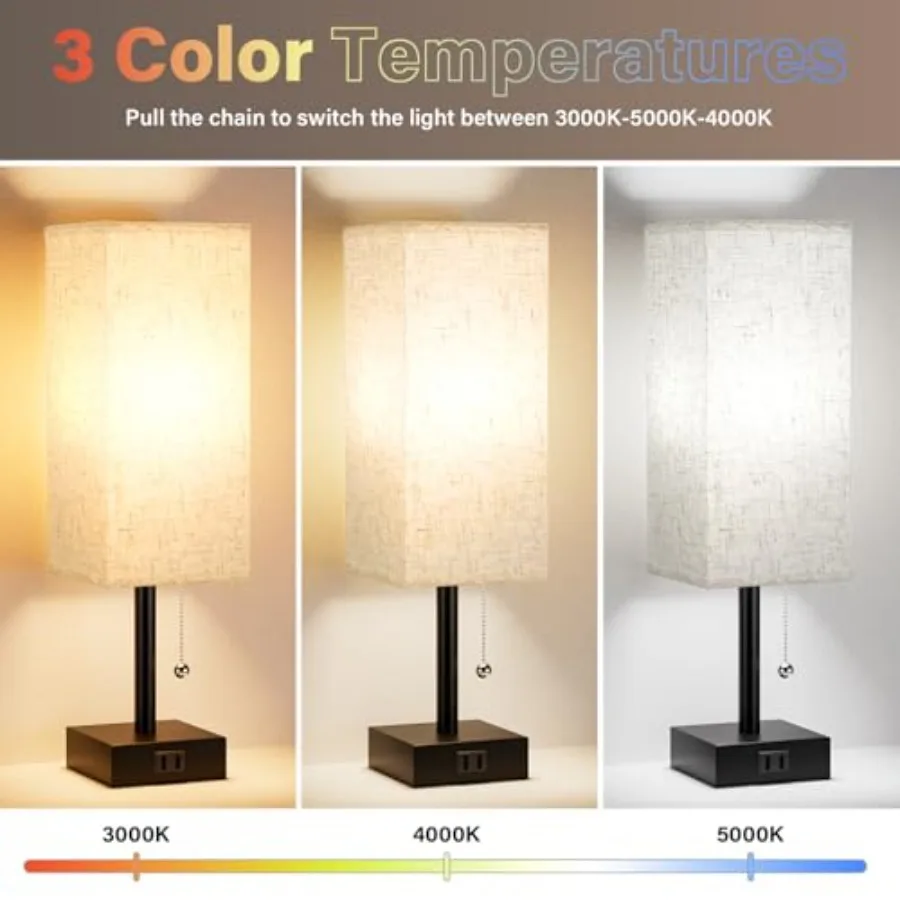 Bedside Table Lamps for Bedroom Set of 2 - Small Rectangular Nightstand Lamp with AC Outlet Charging Port, 3 Color Temperatures view 2