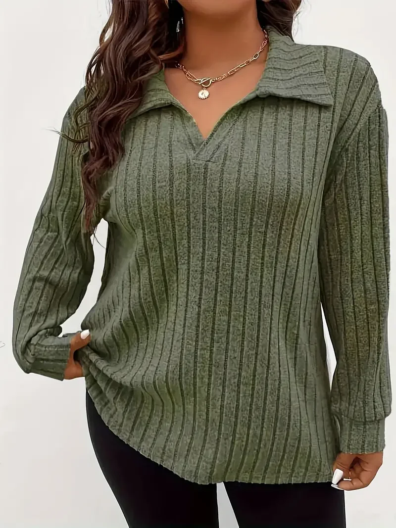 

Wholesale Women Fashion Solid Color Rib-Knit Lapel Long Sleeve Plus Size Top