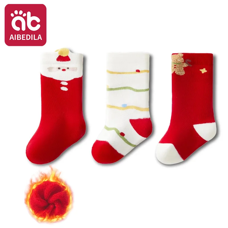 AIBEDILA 3er-Pack Babysocken, dick, warm, weich, hautfreundlich, für Kleinkinder, Winter, Kinder, Weihnachtssocken, Mädchen/Jungen, 1-3 Jahre