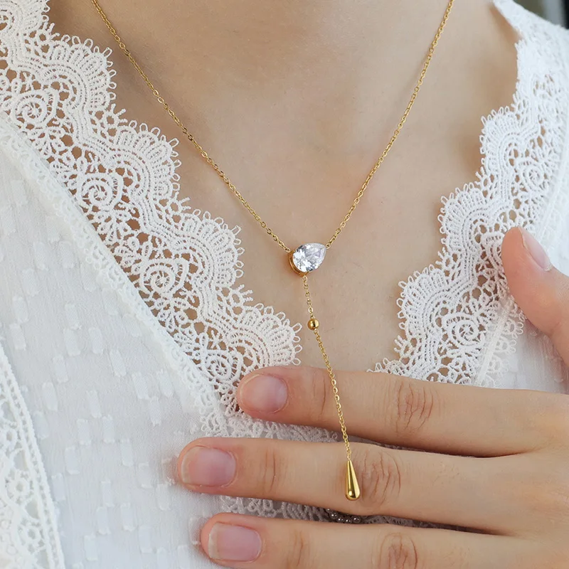  18K Gold Plated Stainless Steel Dainty Y Necklace with Leaf CZ Long Drop Pendant for Women Prom Wedding Formal Everyday
