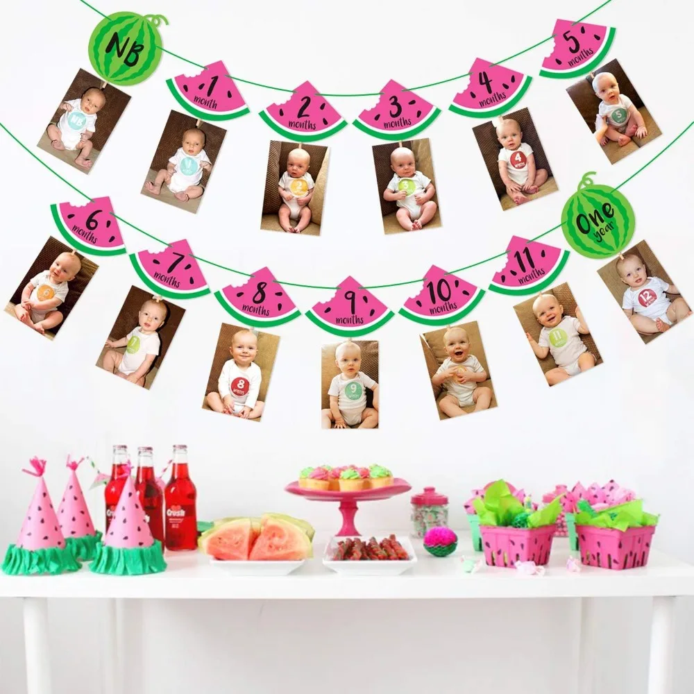 1st Birthday Monthly Banner Watermelon Photo Banner Baby Girl 12 Month Photo Display One In a Melon Party Supplies Decorations