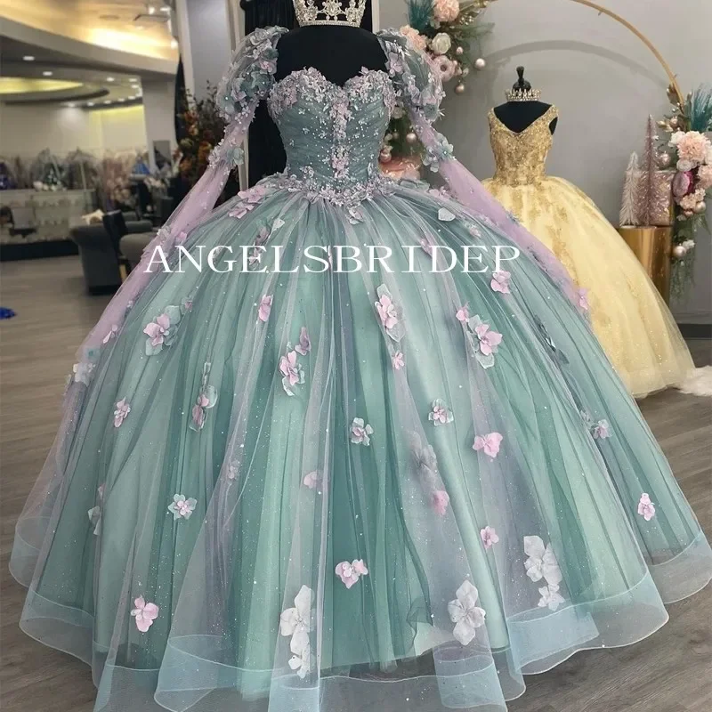 Vestido de quinceañera hecho a mano con flores 3D, verde claro, con lazo grande, hombros descubiertos, 15 Quinceañeras