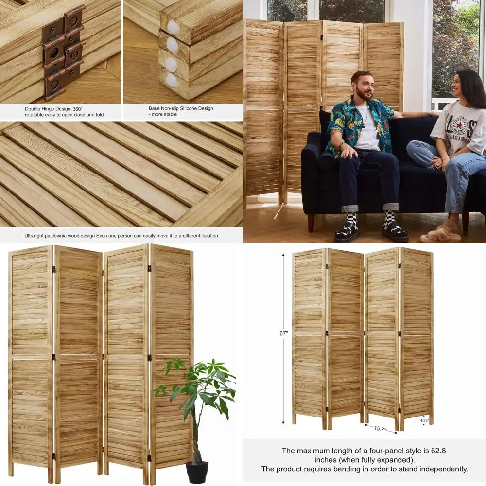 

Регулируемые деревянные складные ширмы с двойными петлями, высотой 1,7 м, с жалюзи, для дома, офиса или отеля (4 секции, цвет под дерево)