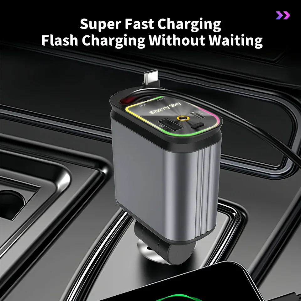 New 120W 4in1 Retractable Car Charger With Type-C Apple Lightning Fast Charging Cable Starry Night Ambient Light USB USB-C Port