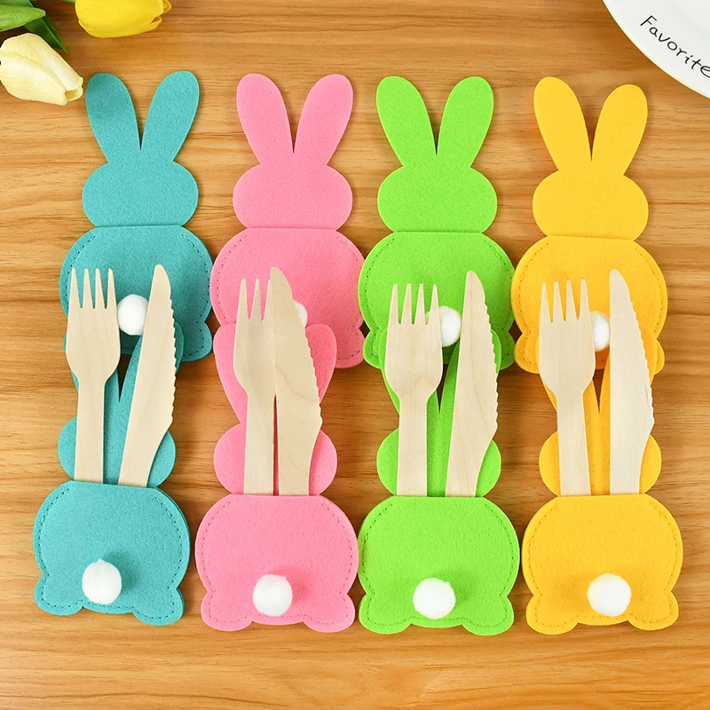 4Pcs Easter Knife Fork Holder Bags Felt Rabbit Cutlery Cover 2024 Happy Easter Decoration For Home Kids Birthday Party Tableware