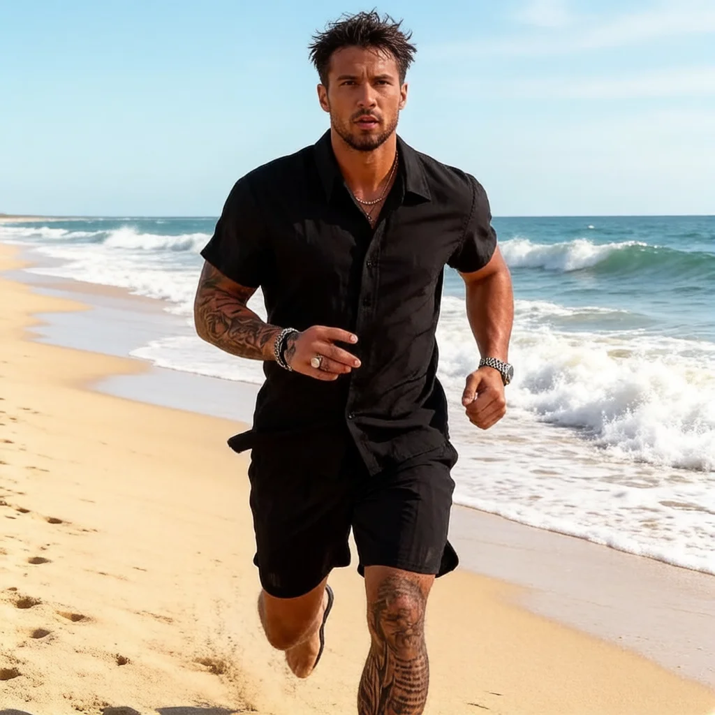 

2026 Summer New Style Men's Casual Daily Outdoor Travel Solid Color Collarless Short Sleeve Shirt with Waistband Shorts Set