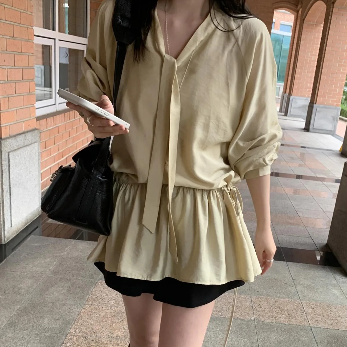 Frauen Koreanische Sle Chic Lange Sve Dr Taille-Cinching Dstring Abnehmen Vielseitig Faionable Herbst Neue Ankunft