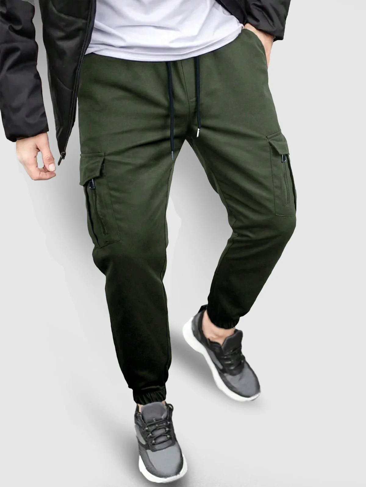 Men's Solid Color Zip Pockets Design Drawstring Beam Feet Techwear Cargo Pants