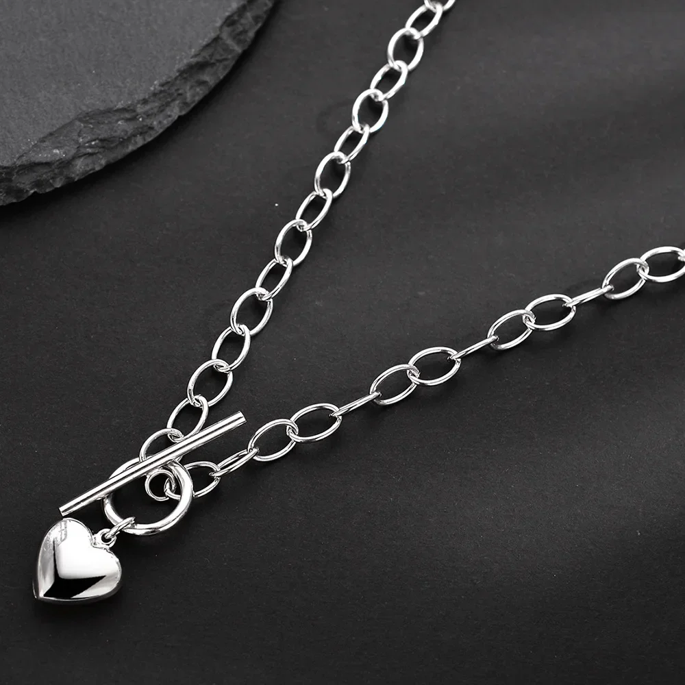 Ables Chic Solid 925 Silver Thick Drawn Chain Heart Pendant Necklace Y1S2N1050