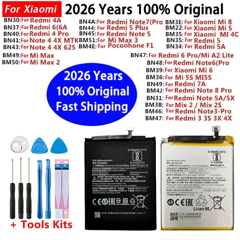 2026 Original New For Xiaomi Redmi Note Max Mi Mix A2 2 3 3X 3S 4 4A 4C 4X Mix 5 5A 5X 5S 6 6A 6X 7 7A 8 9 Lite Plus Pro Battery