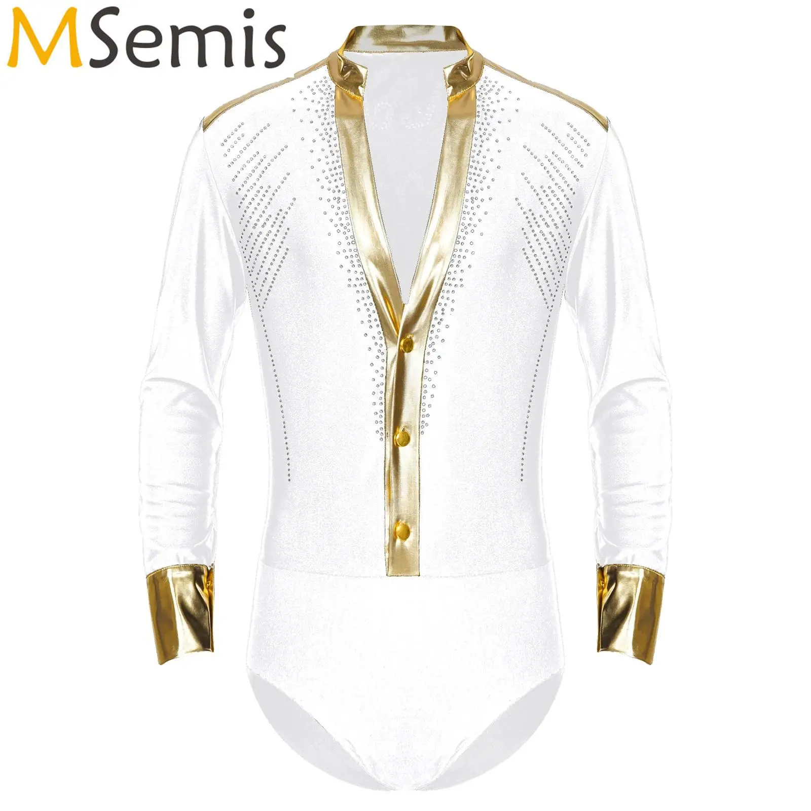 Mens Metallic Shiny Rhinestones Latin Tuxedo Leotard Bodysuit Gymnastics Figure Skating Samba Ballroom Jazz Dance Body Tops