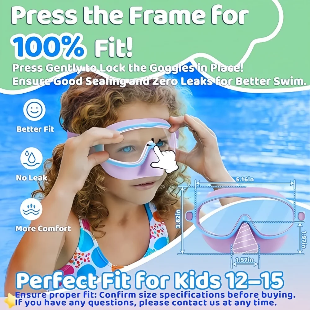 Kids Swimming Goggles with Nose Cover Wide View Diving Mask Anti-Fog UV Protection No Leak for Toddlers Aged 3-15 view 4