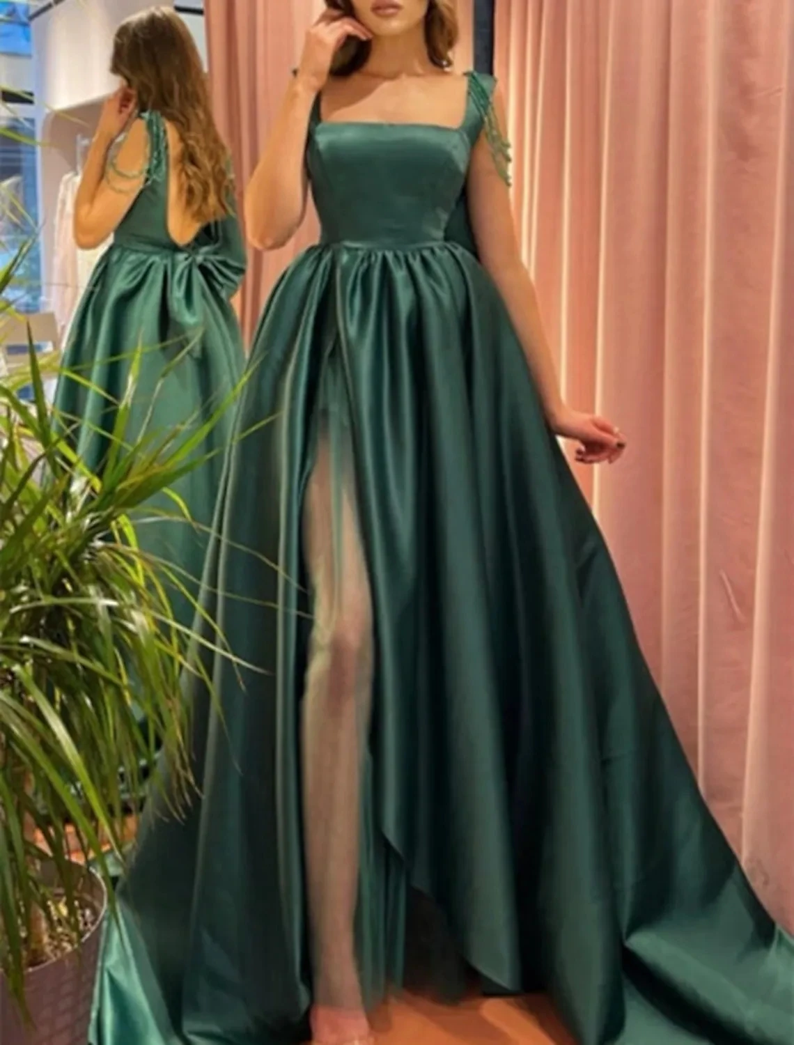 Groen A-lijn Vrouwen Prom Formele Jurk 2023 Vierkante Hals Bandjes Backless Kwastje Slit Satin Avond Party Jurken Robe De Soiree