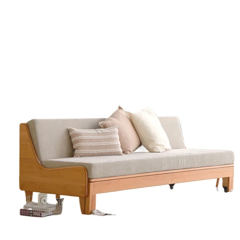 

North American cherry wood sofa bed Nordic all-solid wood sofa Small apartment modern simple folding bed Multifunctional f