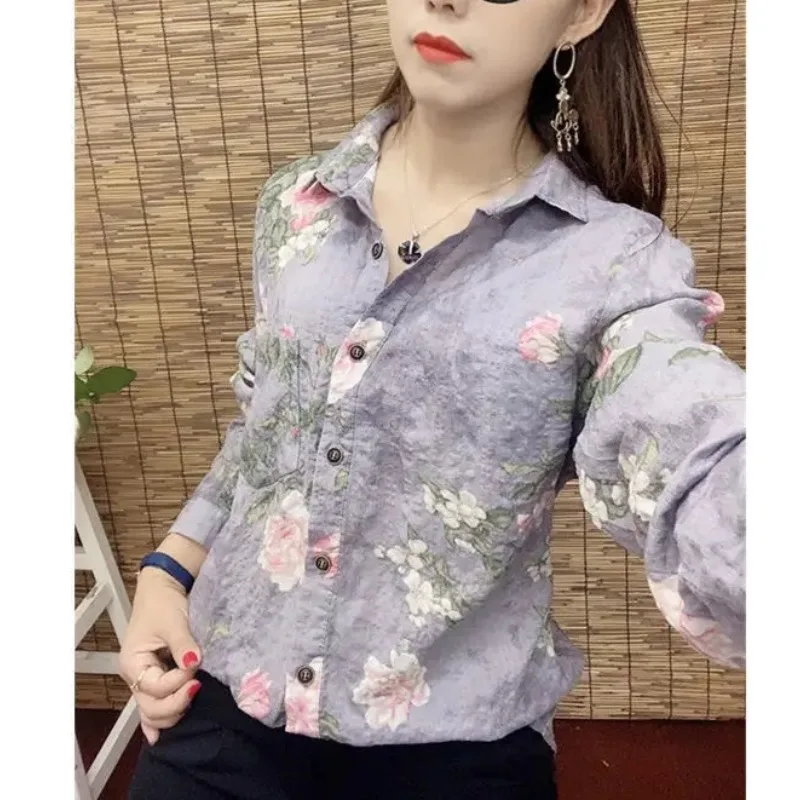 Zomer Dames 2024 Nieuwe Blouses Patchwork Turndown Kraag Met Knoop Print Pocket Mode Slim Fit Veelzijdige Shirts Met Lange Mouwen