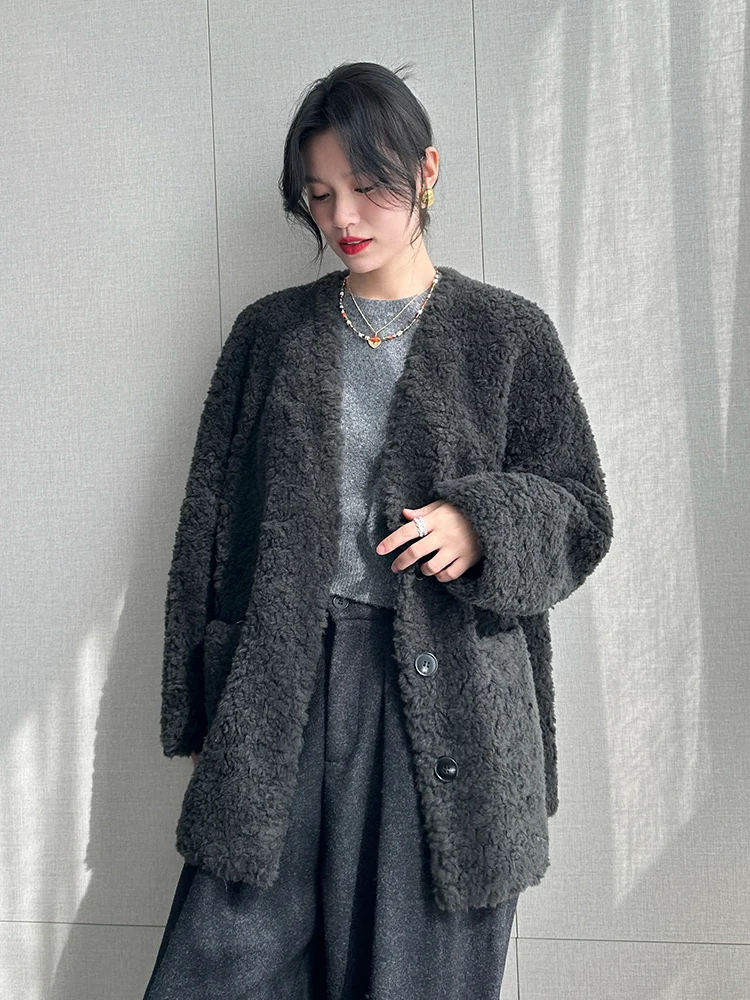 

Women's Winter Fur Coat eep Wool Particle 00 Lamb Curly Hair Inteated Skin And Fur Jaet Warm Mid-Length Korean Sle