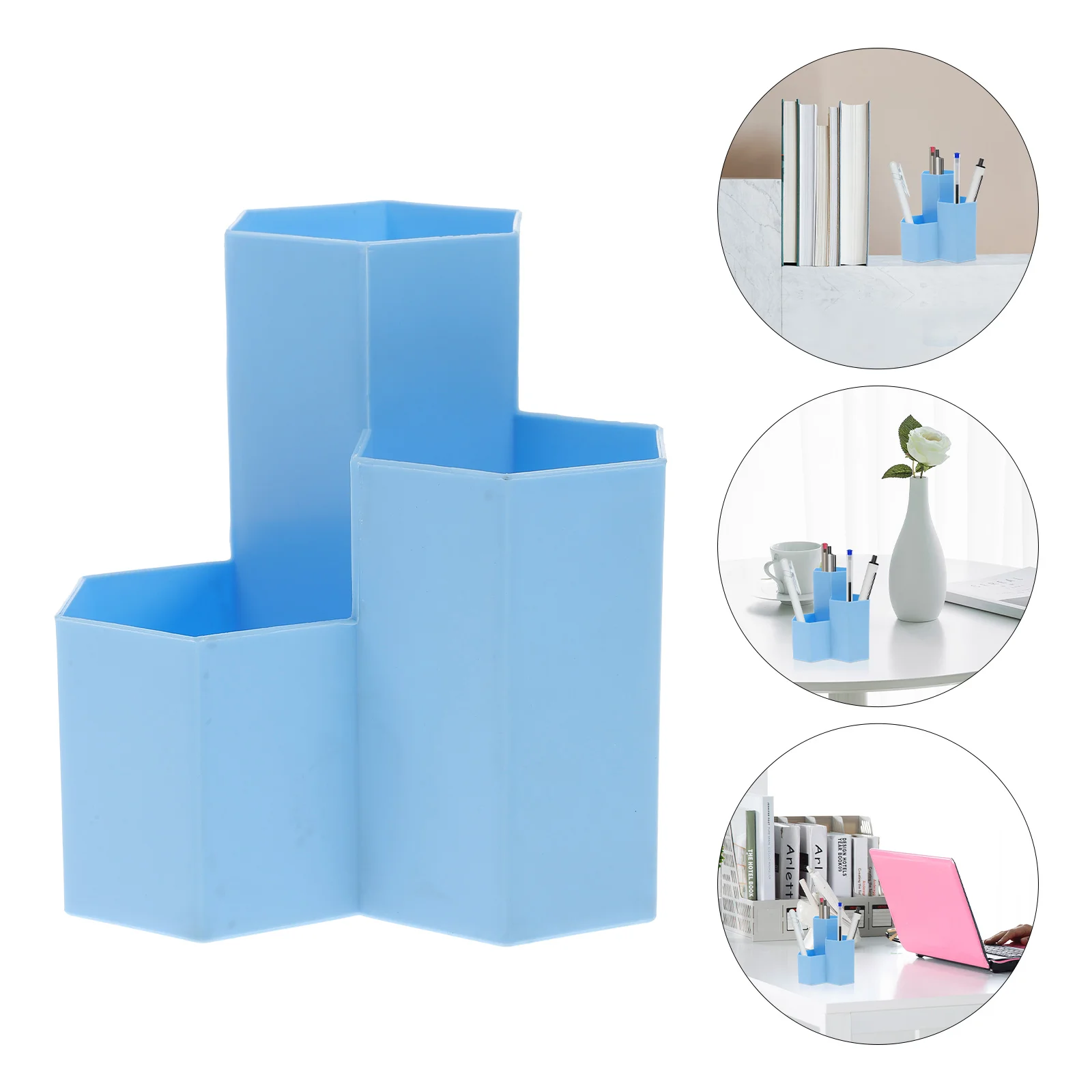 

Creative Hexagonal Pen Holder Container Organizer Plastic Desktop Storage Box Student Office Supplies (Blue)