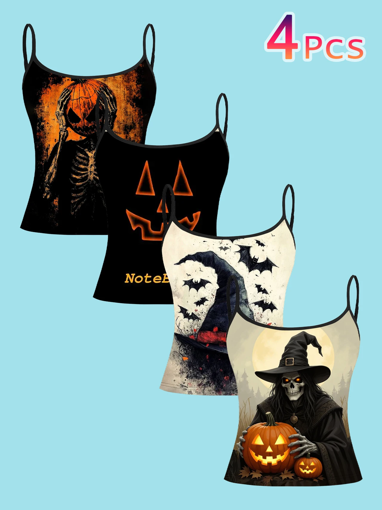4-Piece Set of Halloween Vintage Distressed Skeleton Witch Pumpkin Women's Camisoles, Dark Style Printed Slim-Fit Spaghetti Strap Short Camisole Tops