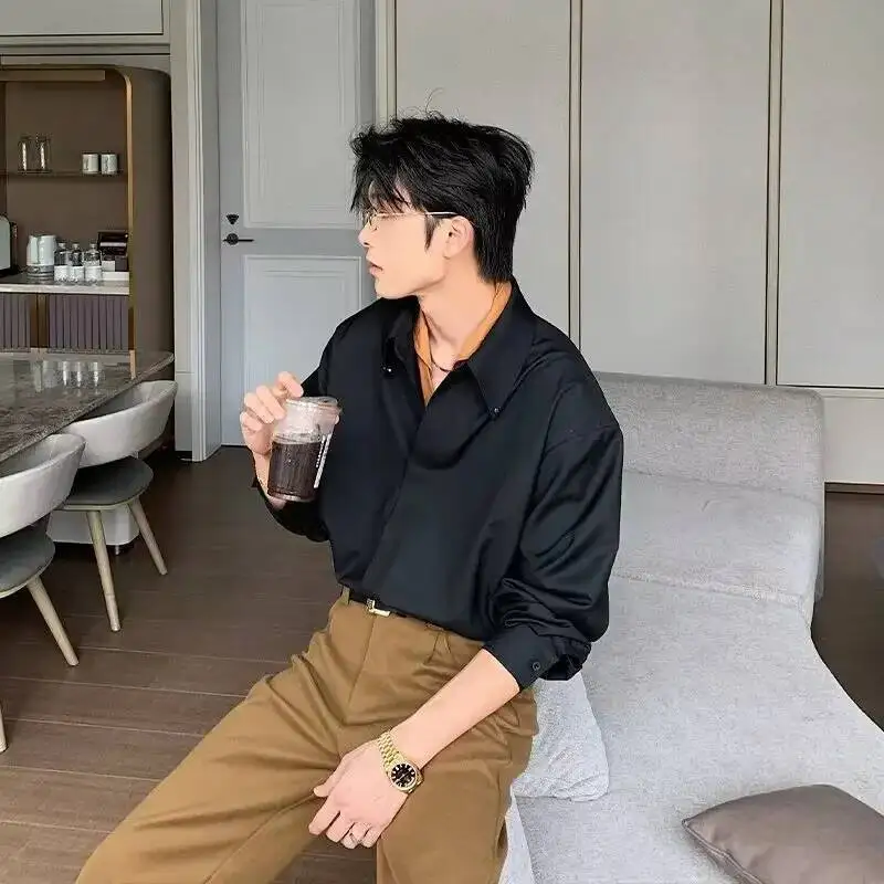 New Luxury Brown Long Sleeve Men's Loose Fit Korean Style Simple Quality Trendy Top Summer Male Fashion Casual Shirt