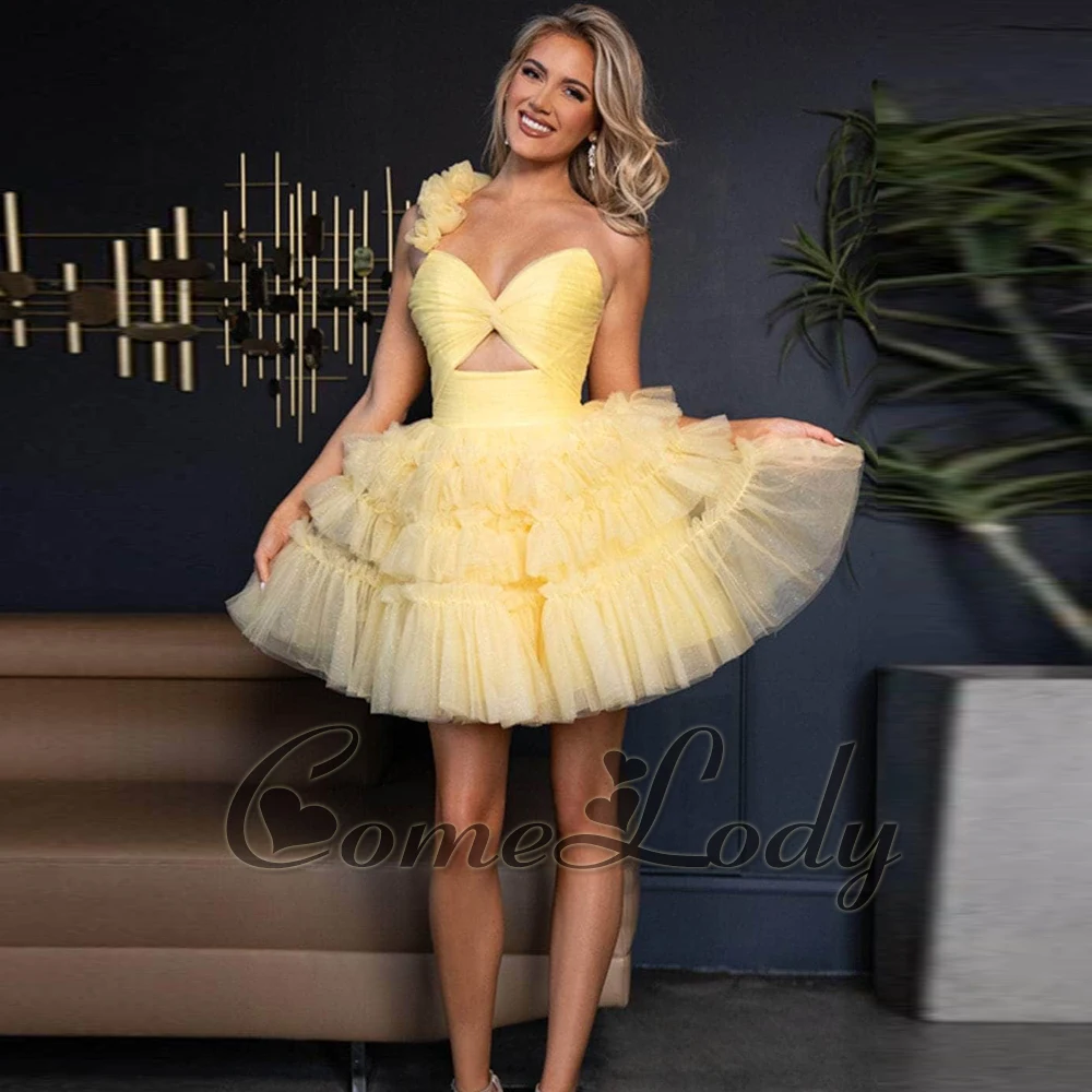 

Comelody Fashionable Tulle Homecoming Dresses for Women One Shoulder Tiered Frilled Dress Cut-out Vestidos De Noche Custom Made