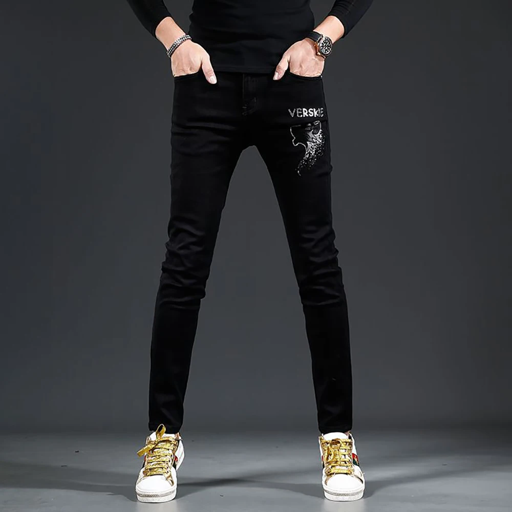 High Quality Men’s Black Denim Pants,Classic Diamond Decors  Jeans,Slim-fit Korea Version Casual Jeans,Street Fashion Jeans Men;