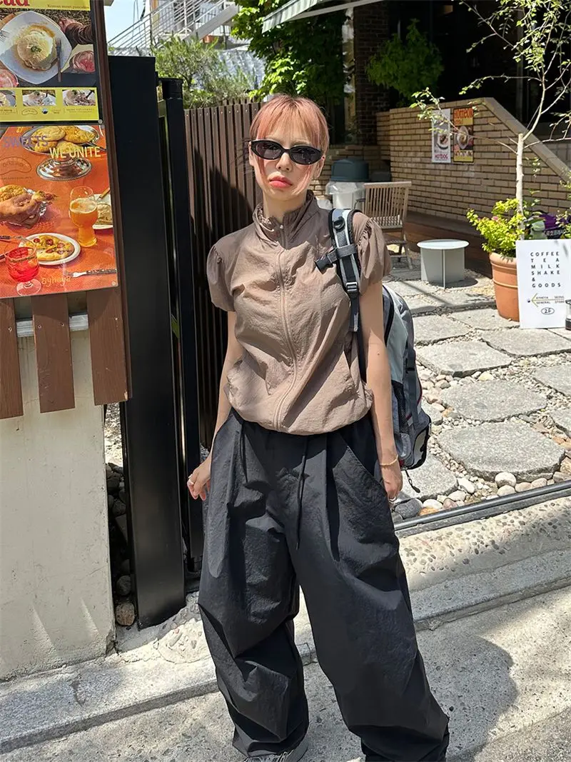 Retro Sports and Leisure New Small Stand-up Collar Thin Sunscreen Short Jacket Zipper Short Sleeve Top Women
