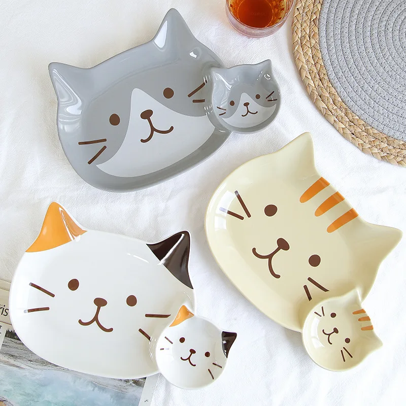 

Japanese Cat Sorting Plate Household Cartoon Kitchen Ceramics Dumpling Bowl with Sauce Dish Dessert Sushi Fruit Tray Kitchenware