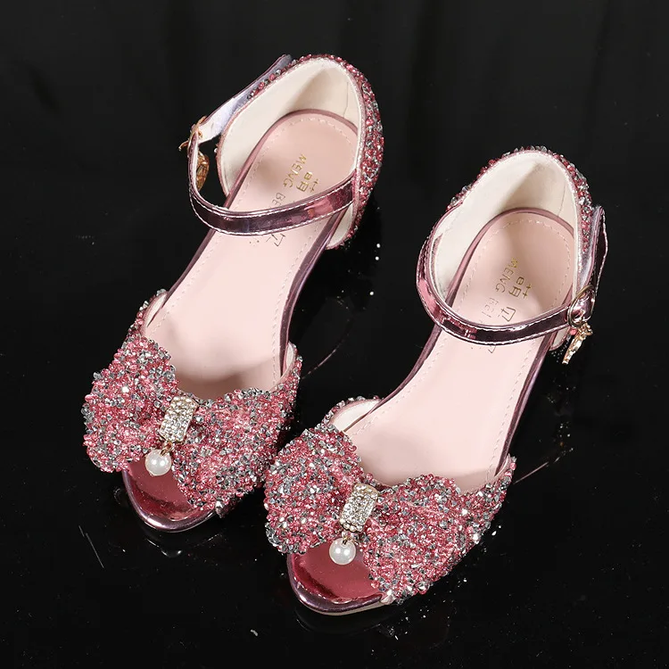 Girls Sandals Children\'s Crystal High Heels Fashion Soft Soles Kids Wedding Party Shoe Sparkling Rhinestone Princess Dance Shoes