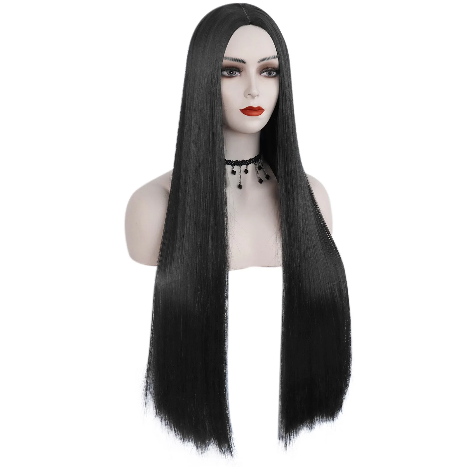 

Парик для косплея Morticia Addams, черная средняя часть, длинные прямые волосы для костюма на Хэллоуин