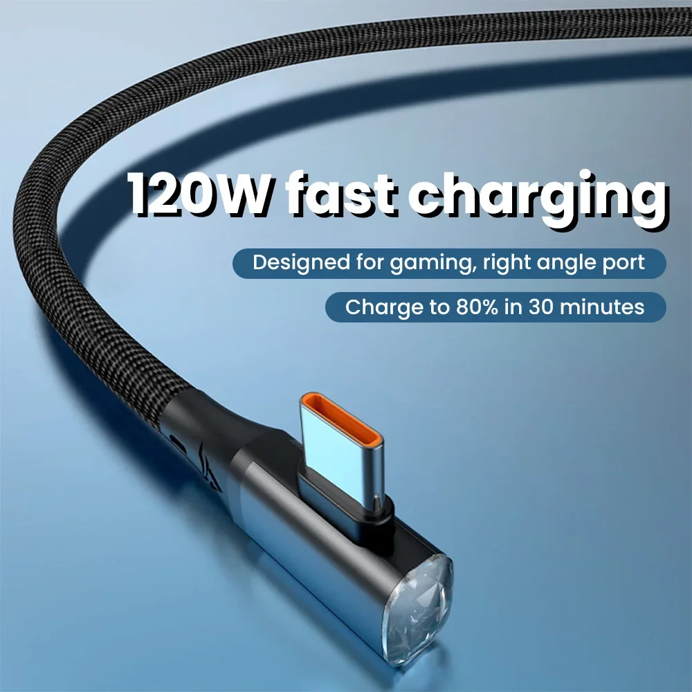 120W Fast Charging USB Type C Cable 90 Degree Elbow USB C Cable For iphone 15 Samsung Xiaomi Huawei Phone Charger Data Cord