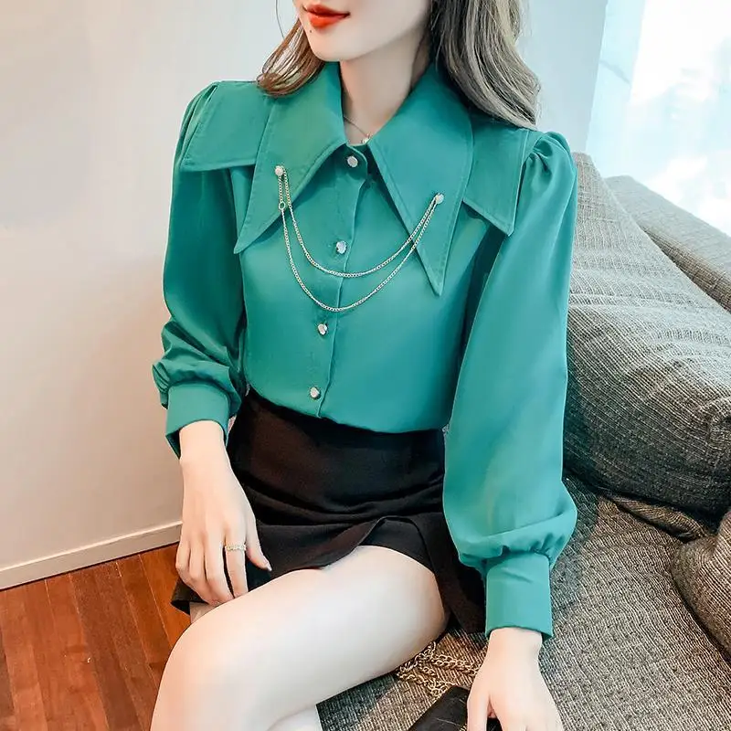 

Women Korean Vintage Elegant Chic Pointed Collar Chain Design Button Up Shirt Spring Autumn Office Ladies Loose Long Sleeve Tops