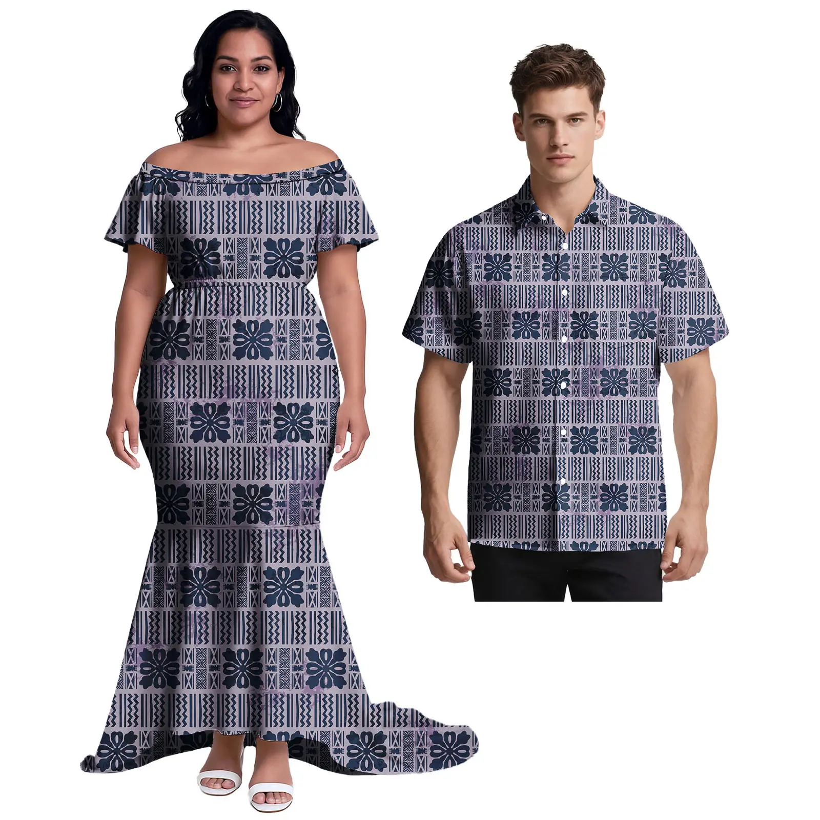 ساموا ملابس مخصصة هاواي الرجال ألوها تي شيرت البولينيزية المرأة فستان أنيق تابا العرقية نمط مجموعات من الأزواج مجموعات غير رسمية #2