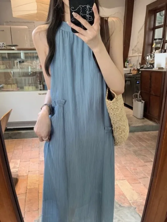 Ele Long Vest Dr Women's Summer Loose Meat Covering Slimming Design Korean Sle Casual round Ne Svel Dr