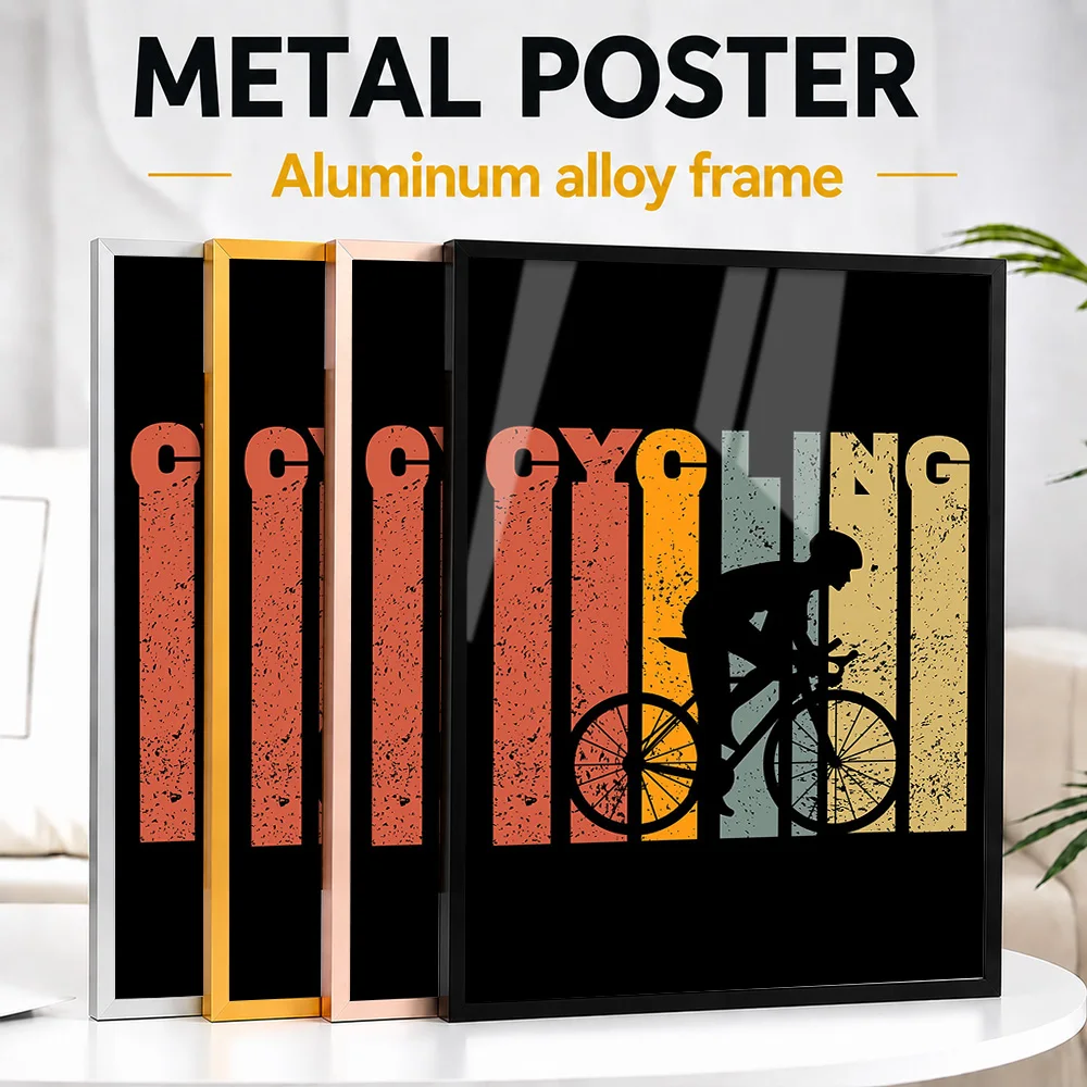 Retro Cycling Silhouette Framed Aluminum Metal Poster Customized Photo Bold Shadow Style Wall Art For Study Memorable Fan Gift