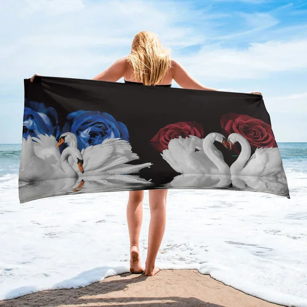 

Beautiful Romantic Swans and Roses Microfiber Beach Towel Absorbent Bath Towel Soft Quick Dry Home Decor Travel for Women Gifts