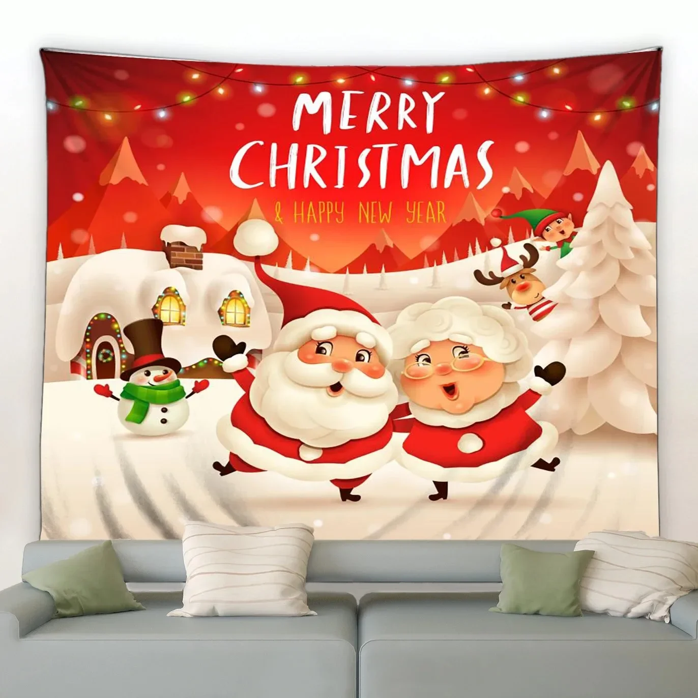 Cartoon Santa Claus Pattern Tapestry Home Bedroom Living Room Wall Decoration Christmas Theme Tapestry