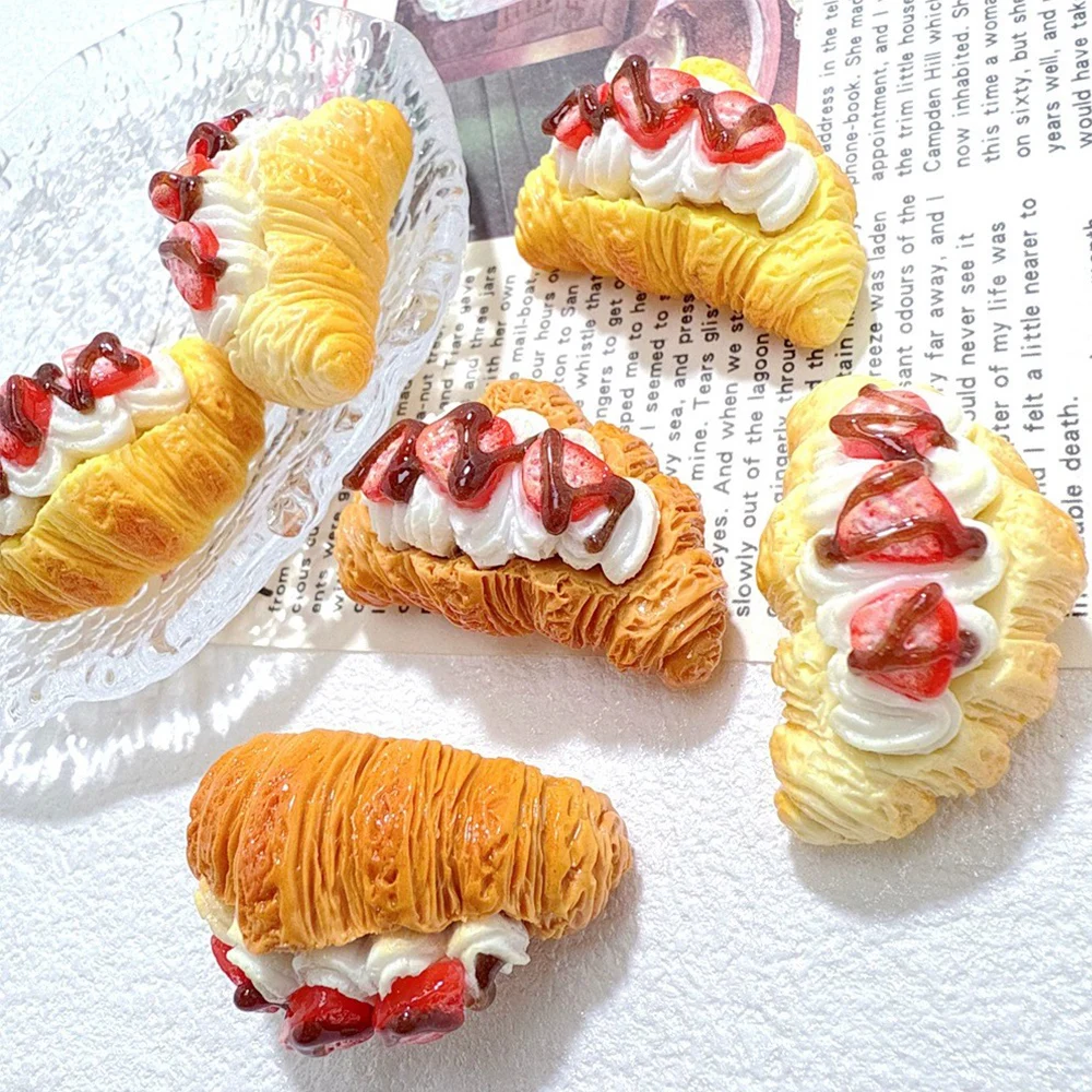 5PCS Cream Croissant Series Miniature Flat Back Resin Cabochons For Hairpin Scrapbooking DIY Home Decor Craft Accessories