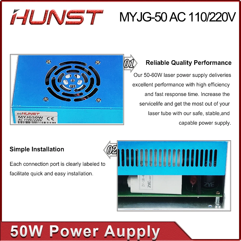 Hunst MYJG 50W CO2 Laser Power Supply 110V/220V Laser Generator For 40~60w CO2 Engraving Cutting Machine Glass Tube