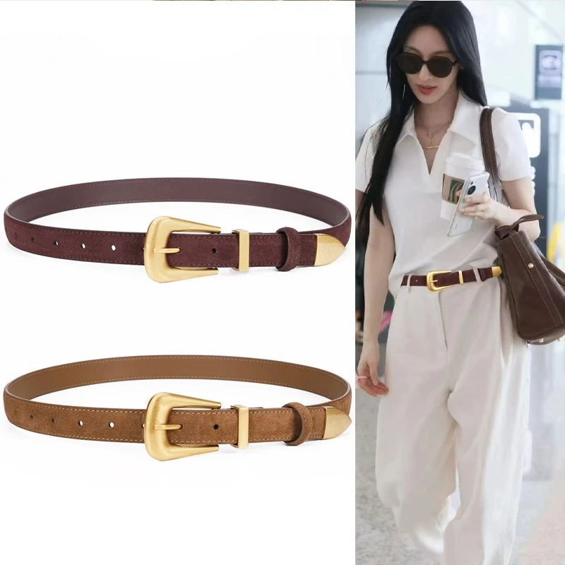 

2024 New Women's Belt Cowhide Suede Gold/Silver Alloy Buckle Vintage Genuine Leather Belt with Casual Pants and Skirt Waist