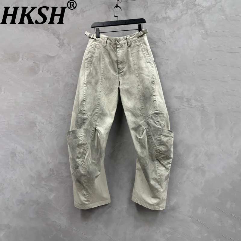 

HKSH Spring Autumn New Man Safari Style Vintage Washed Dirty Dye Pleated Loose Versatile Casual Multi-pocket Cargo Pants HK13423