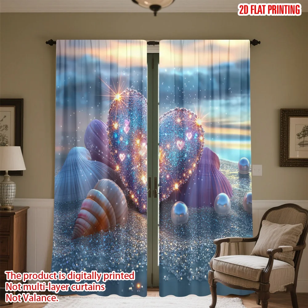 

2D flat printing 2pcs Curtain Valentine's Sparkling Heart Beach Digital Printed Polyester Drapes Family Party for Indoor