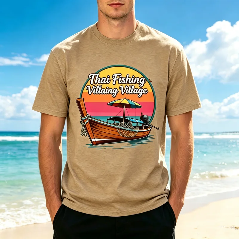 Vintage Thai Fishing Boat T-Shirt Retro Sunset Graphic Tee for Men Women Cotton Crewneck Short Sleeve Top Beach Vacation