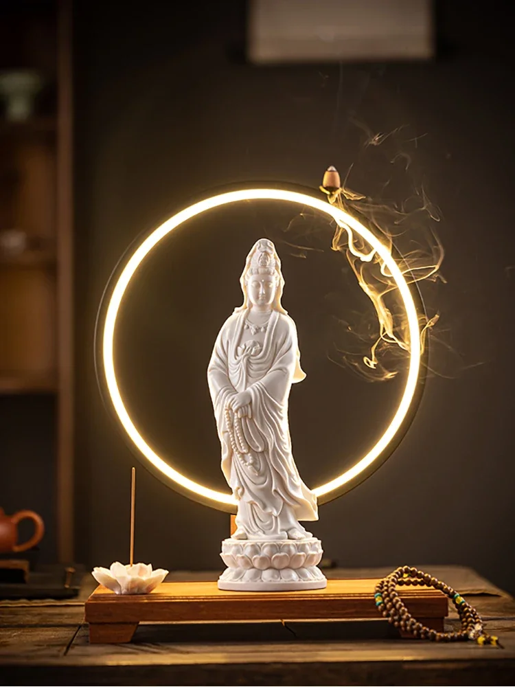 Dehua white porcelain standing like Guanyin Bodhisattva ceramic Nanhai Guanyin home decoration lamp ring ornament