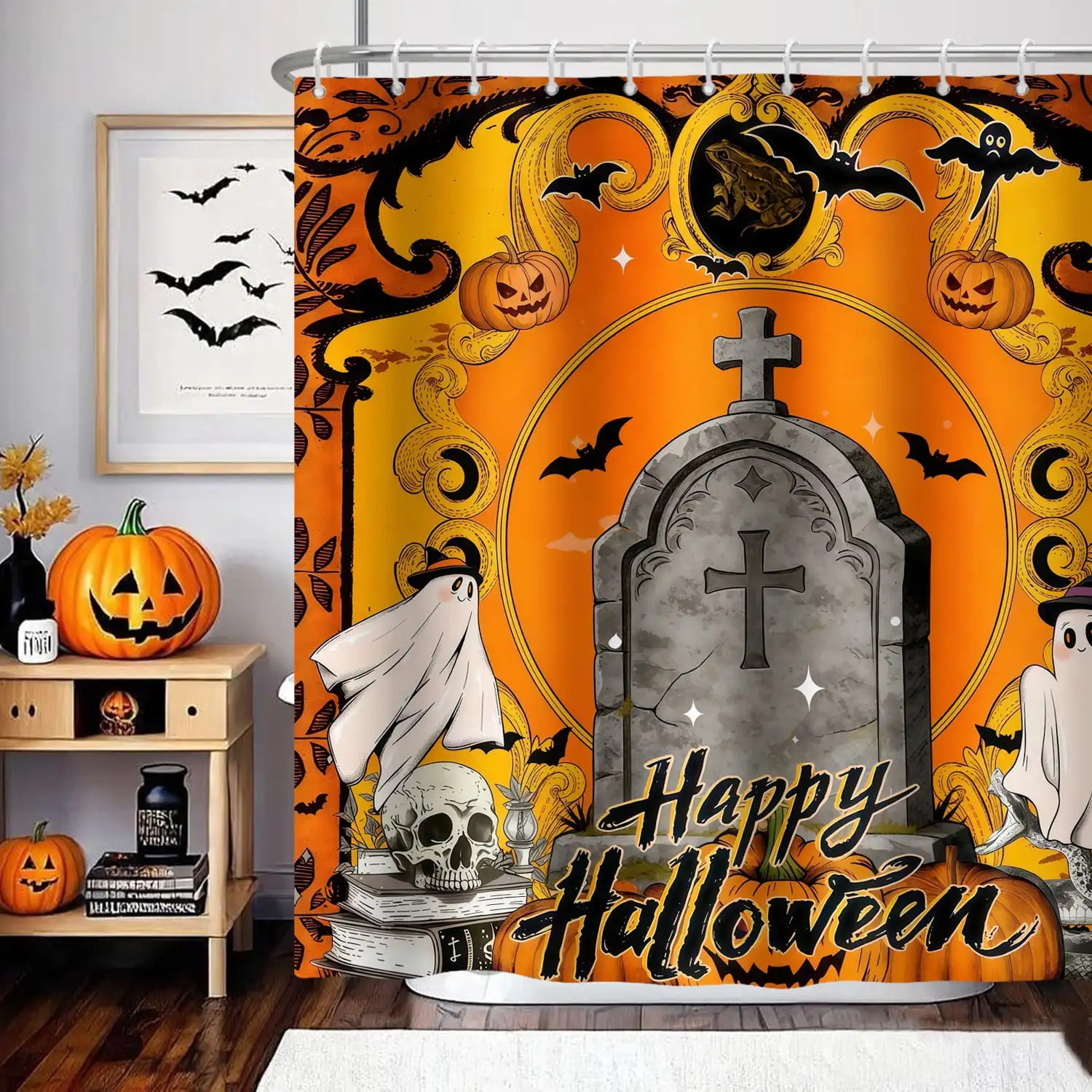 Happy Halloween Shower Curtain Gothic Ghost and Grave Tombstone Fabric Bathroom Curtain for Bathroom Decor 72x72 in