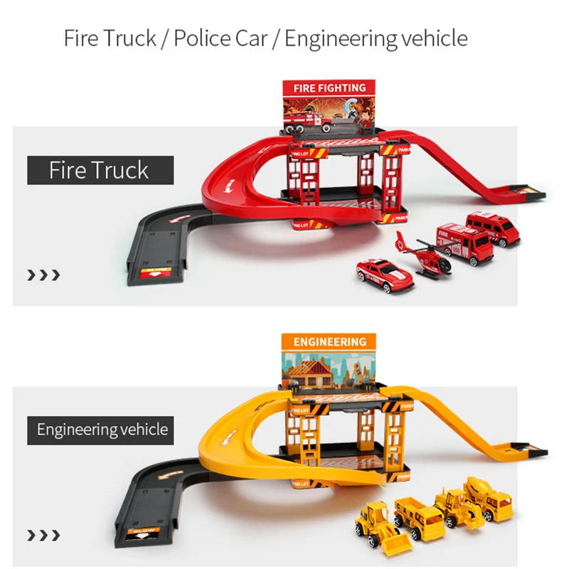 Track Parking Lot Toys Multi-Storey Rail Car Parking Building Fire Police Engineering Vehicle Car Children's Toys