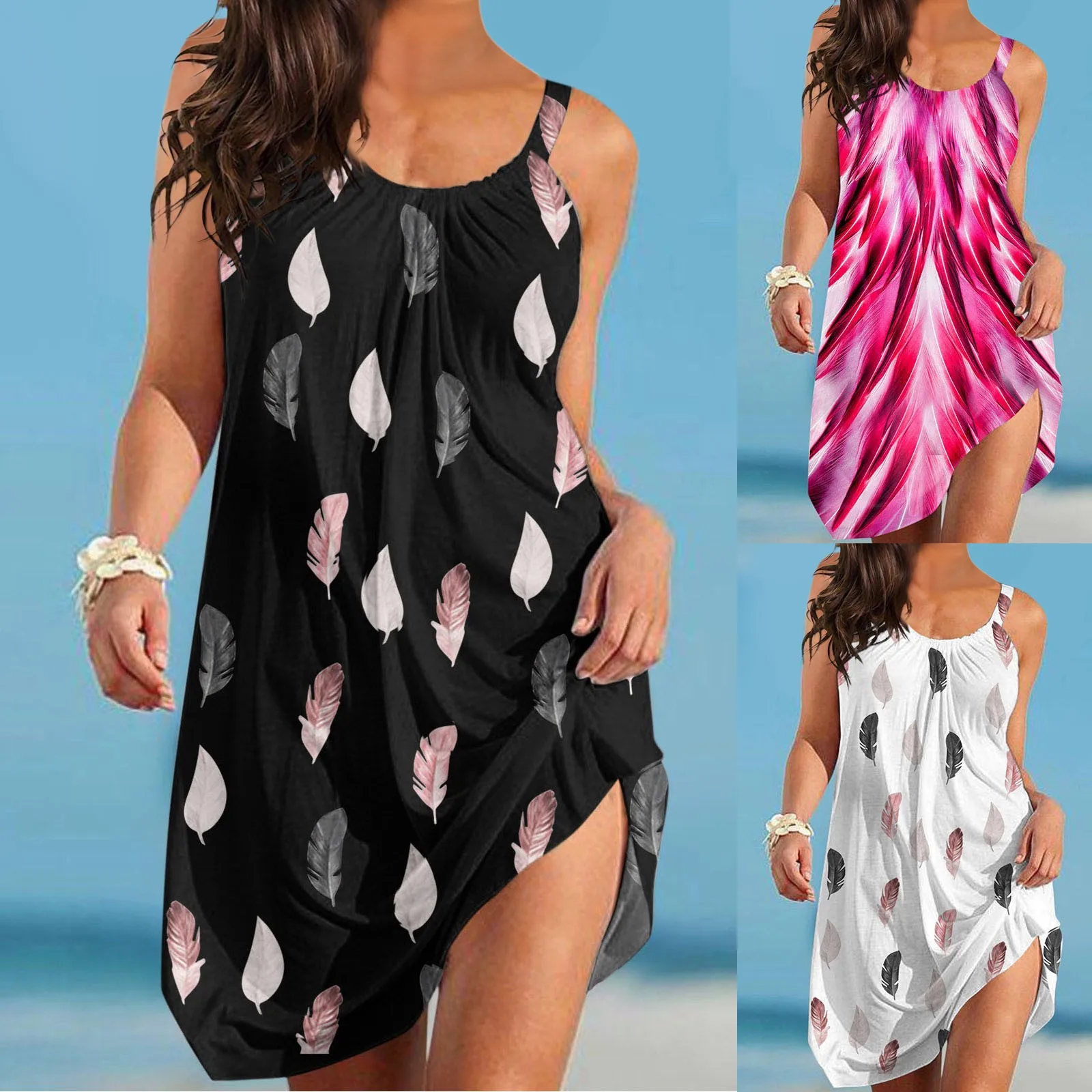 

Women Casual Retro Printed Tank Dress Loose Round Neck Sleeveless Pocket Long Dress 2024 Summer Beach Loose Swing Sundress